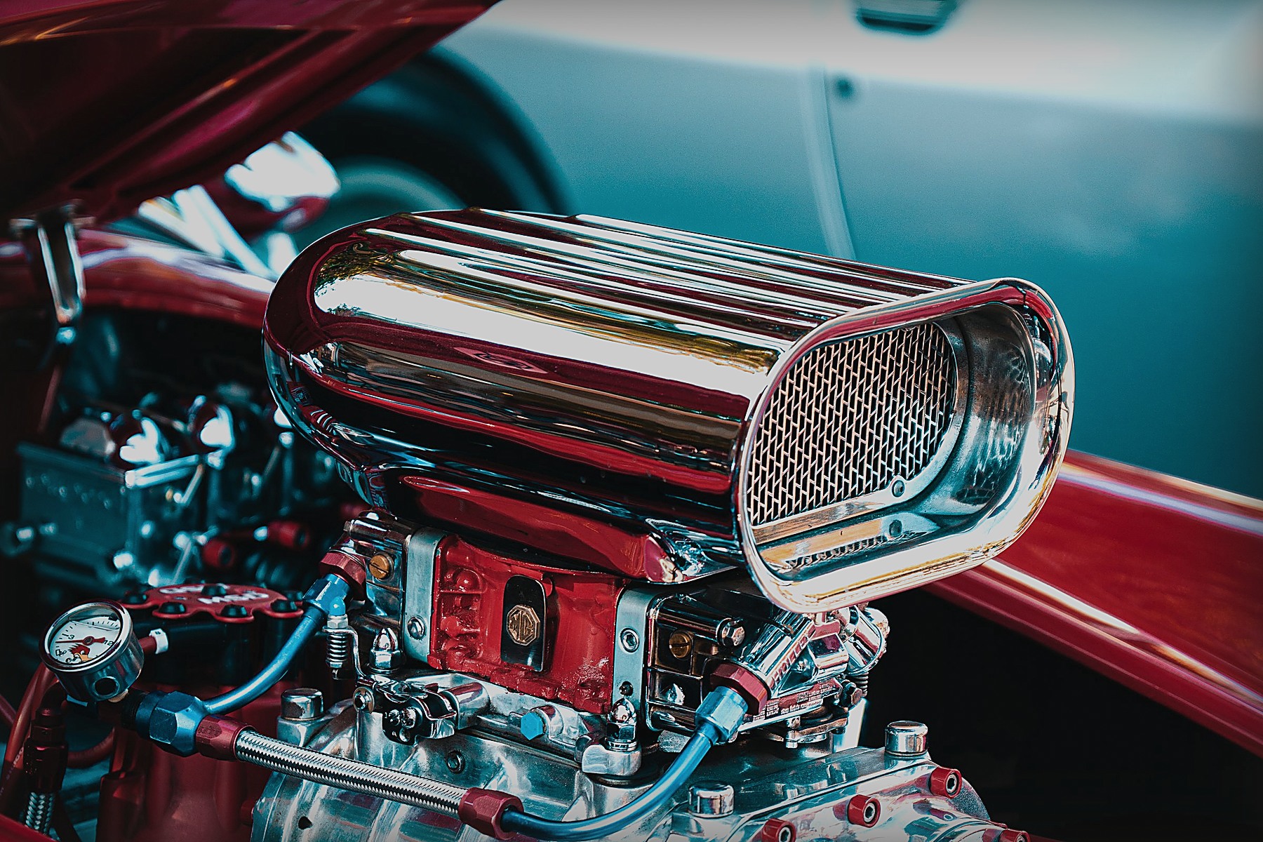 Detailed view inside a classic car engine bay